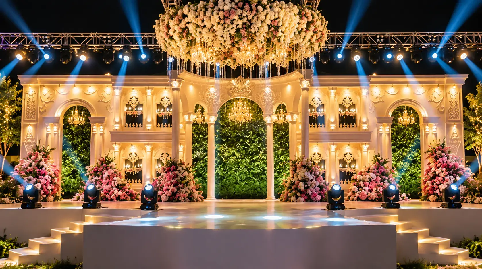 Premium luxury wedding stage and mandap decoration with ivory-gold architecture, floral décor, chandeliers and cinematic event lighting by Mahavir Enterprises.
