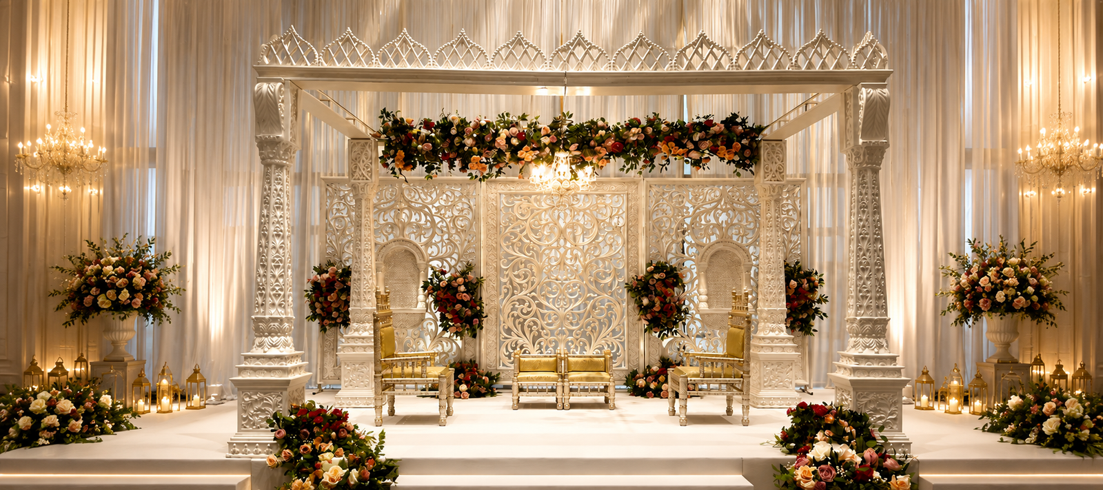 Designer Reception Stage with Premium Fiber Backdrop and Floral Decoration