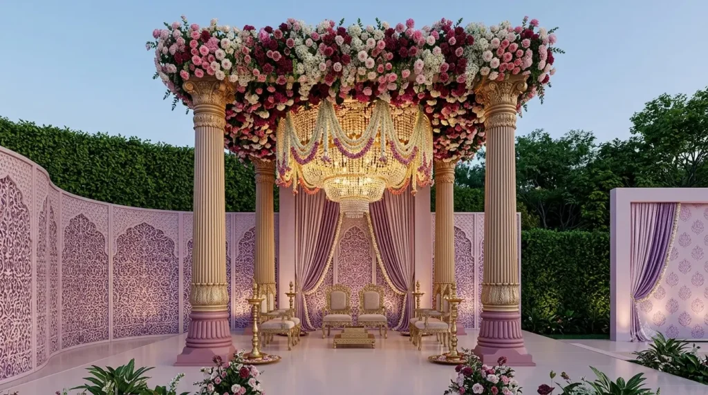 Elegant handcrafted wedding mandap decorated with premium artificial flowers and crystal chandeliers.