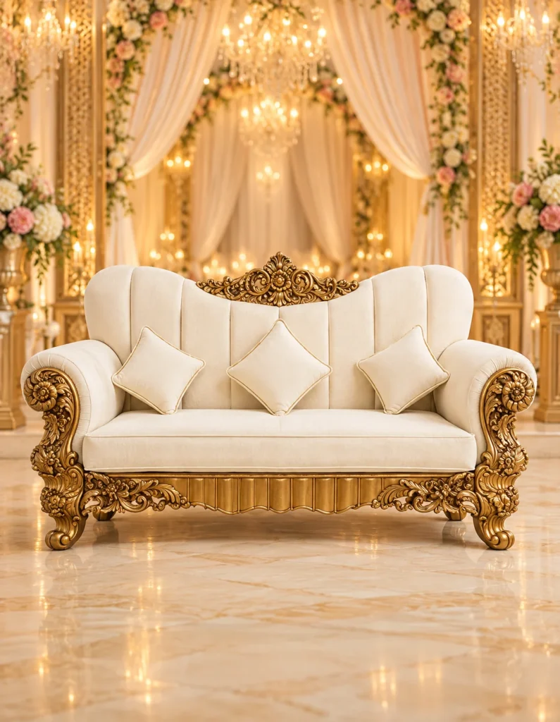Luxury ivory wedding sofa with ornate gold carved wooden frame, elegant cushions, and a grand floral wedding stage background by Mahavir Enterprises Export.