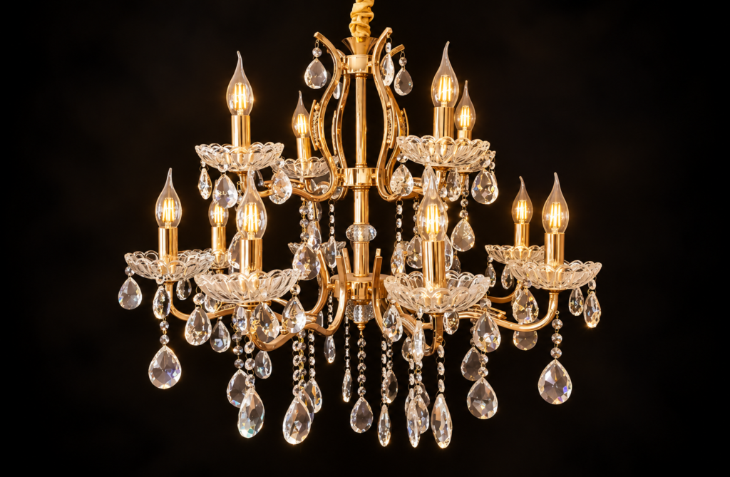 Premium gold-finish five-lamp chandelier with intricate metal detailing and cascading crystal ornaments, suitable for Indian wedding venues, luxury mandap setups, Asian wedding decorators and event decoration projects.