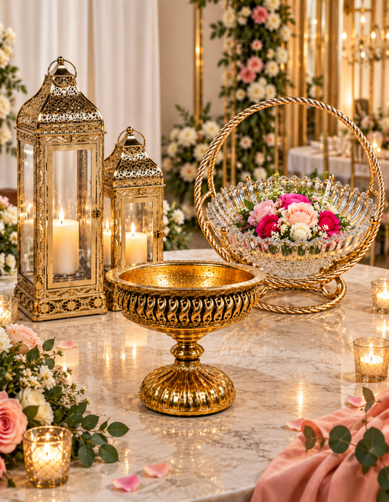 Luxury wedding decoration props featuring ornate gold lanterns, a gold pedestal centerpiece bowl, and a crystal floral basket with pink and white roses on a marble table.