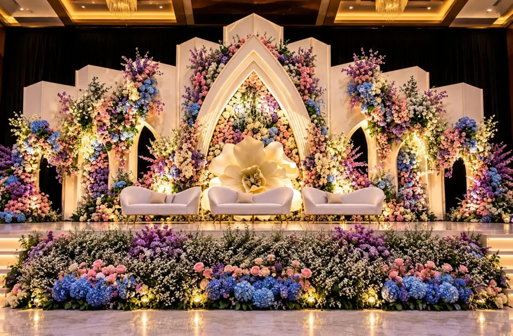 Luxury Indian wedding mandap with a floral backdrop, ivory arch, and elegant seating for wedding decorators and event planners in the USA and UK.