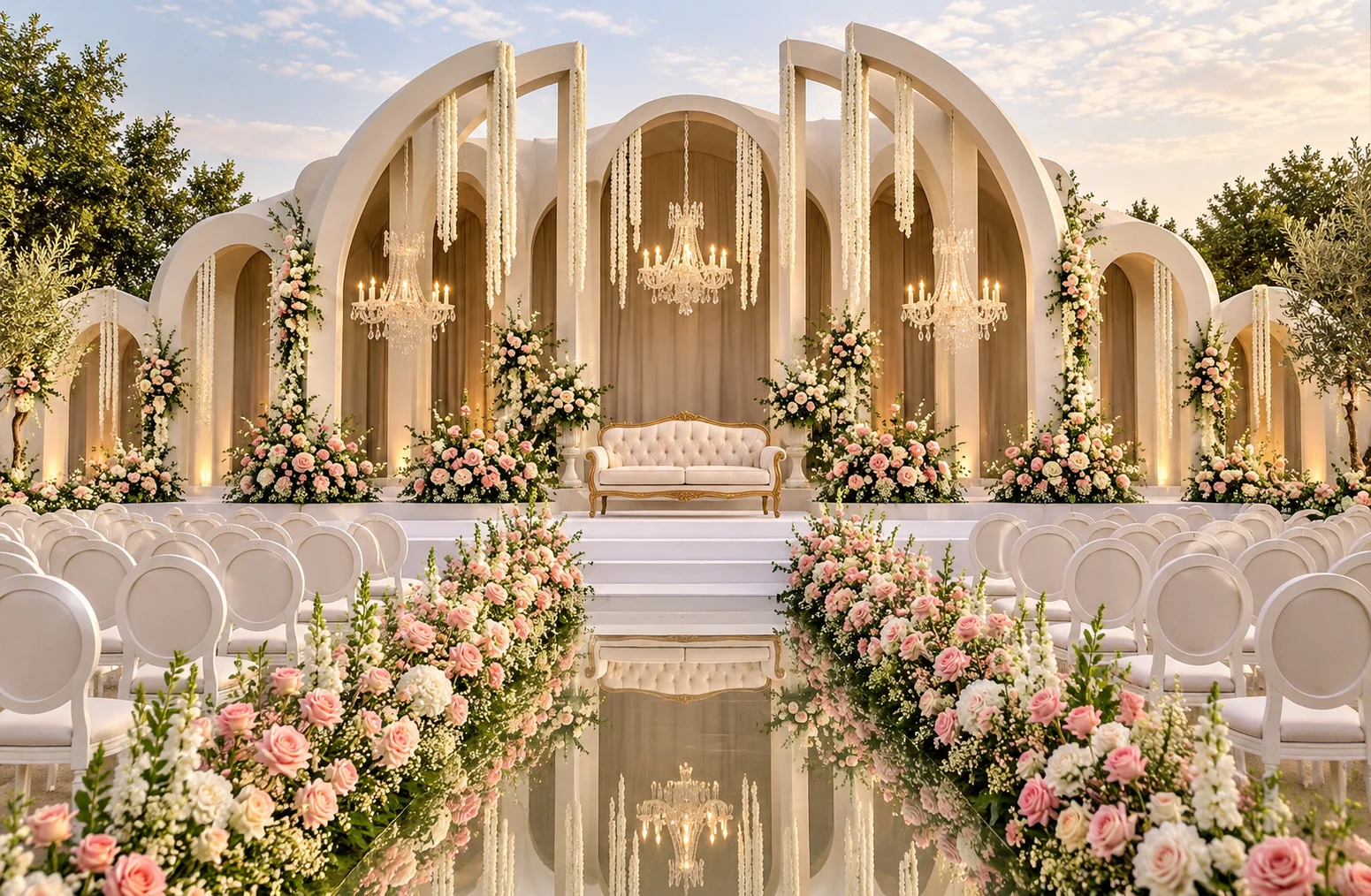 Luxury Indian wedding stage featuring elegant ivory arches, crystal chandeliers, pastel pink and white floral arrangements, a cream royal sofa and a mirrored wedding aisle.