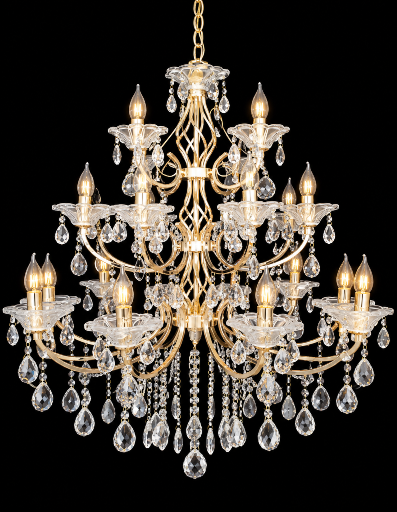 Premium gold crystal chandelier for wedding decorators, ideal for luxury wedding mandaps, grand wedding stages, and elegant event venue decoration.