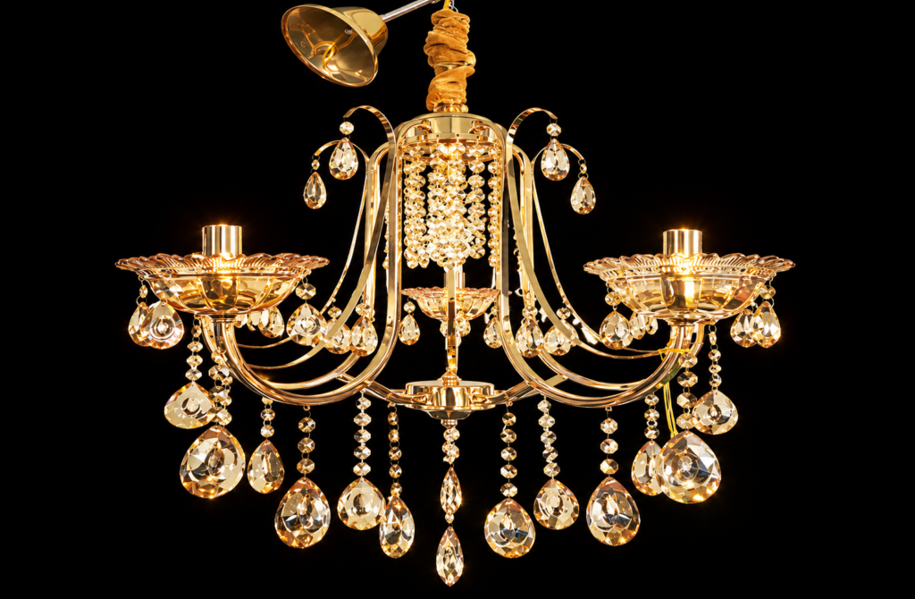 Elegant gold-finish crystal chandelier with decorative glass drops and warm lighting, ideal for wedding decorators designing luxury mandaps, premium wedding stages, and grand event venues.