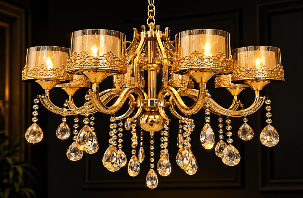 Elegant gold-finish crystal chandelier with decorative glass shades and sparkling crystal drops, ideal for wedding decorators styling luxury mandaps, premium wedding stages, and grand event venues.
