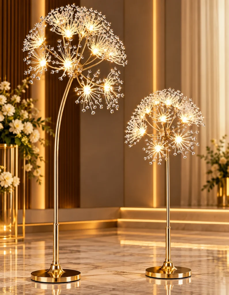 Premium dandelion-style decorative floor lamps with sparkling crystal LED branches and elegant gold stems, perfect for luxury wedding mandaps, grand wedding stages, and upscale event décor.