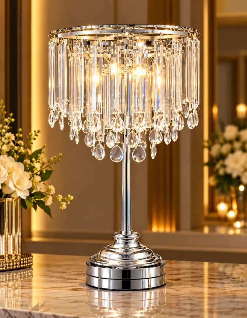 Premium crystal table lamp with a polished chrome stand and cascading clear glass crystals, ideal for wedding decorators styling luxury wedding stages, elegant reception tables, and premium event décor.