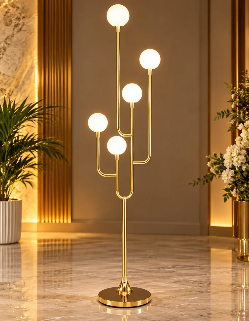 Premium dandelion-style decorative floor lamps with sparkling crystal LED branches and elegant gold stems, perfect for luxury wedding mandaps, grand wedding stages, and upscale event décor.