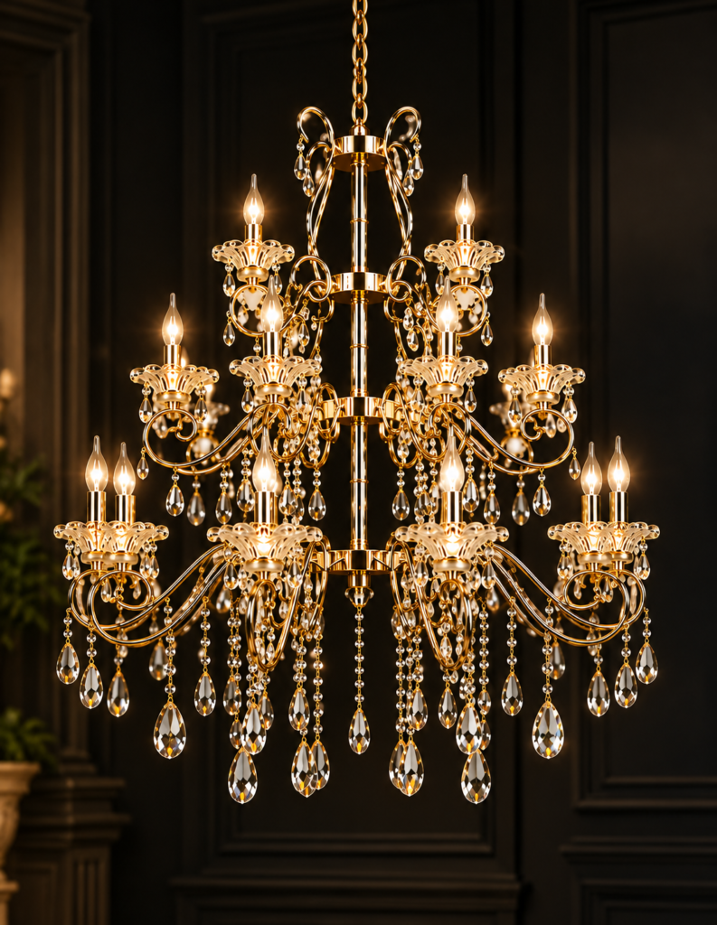 Premium gold crystal chandelier for wedding decorators, ideal for luxury wedding mandaps, grand wedding stages, and elegant event venue decoration.
