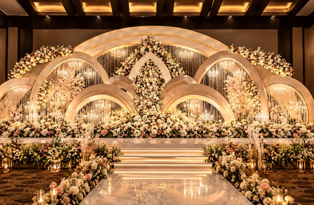 Luxury Indian wedding stage decoration featuring elegant floral arches, crystal chandeliers, and champagne-gold accents for wedding decorators and event planners in the USA and UK.