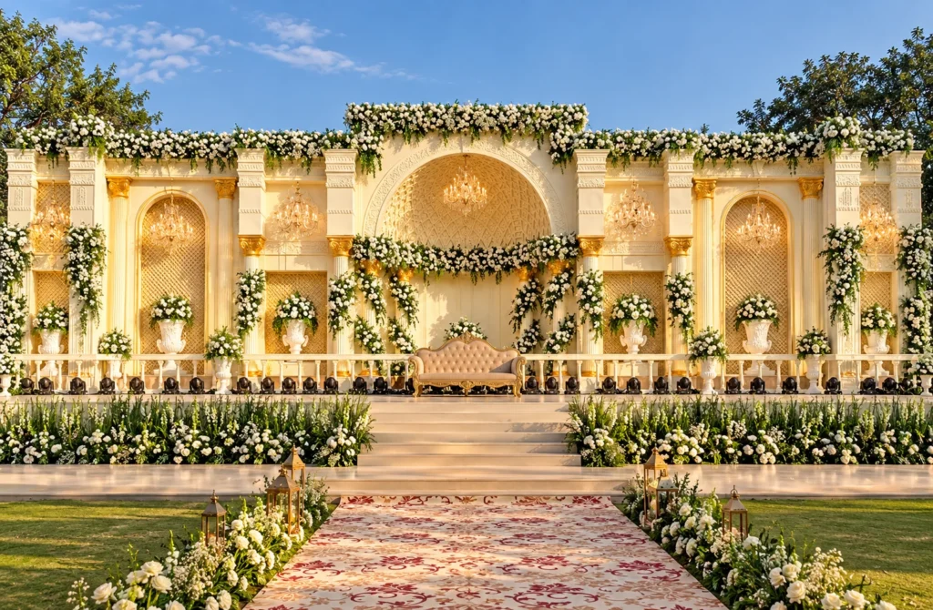 Luxury Indian wedding stage decoration featuring an ivory and gold carved backdrop, white floral arrangements, elegant chandeliers and a royal sofa for wedding decorators in the USA and UK.
