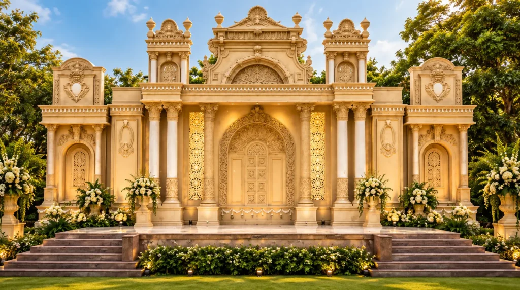 Luxury outdoor wedding mandap decoration featuring an ornate cream and gold stage, carved architectural details, grand arches, marble steps, greenery and premium wedding décor.