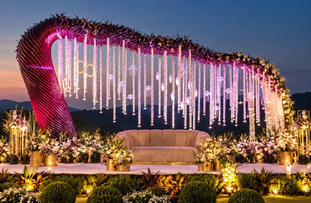 Luxury Indian outdoor wedding stage decoration featuring a burgundy curved canopy, hanging crystal lights, floral arrangements and an elegant cream sofa.