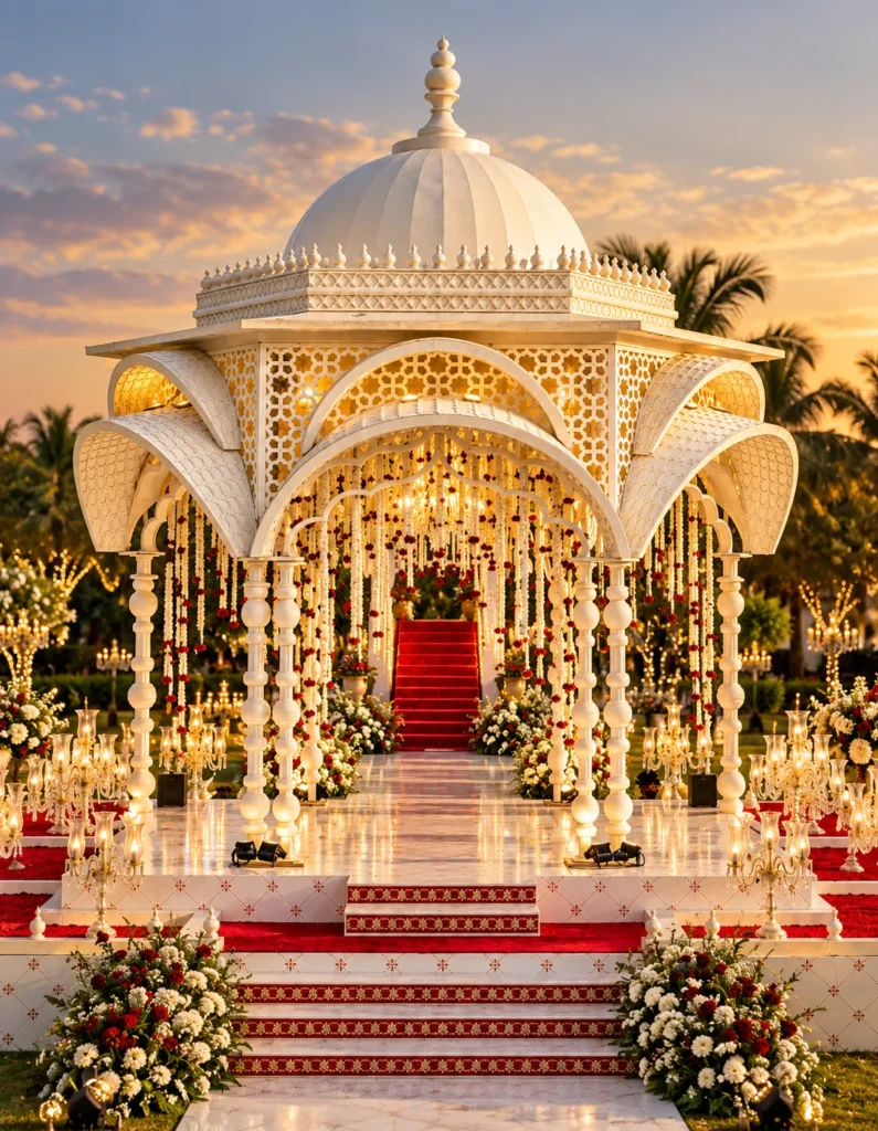 Luxury ivory domed wedding mandap featuring intricate carved arches, decorative chandeliers, white garlands, red floral accents, and an elegant wedding stage with red-carpeted stairs.