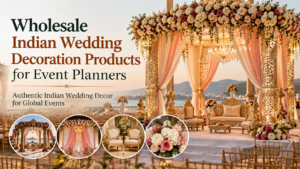 Wholesale Indian wedding decoration products including a luxury wedding mandap, draping, floral decor, wedding backdrop and furniture for event planners