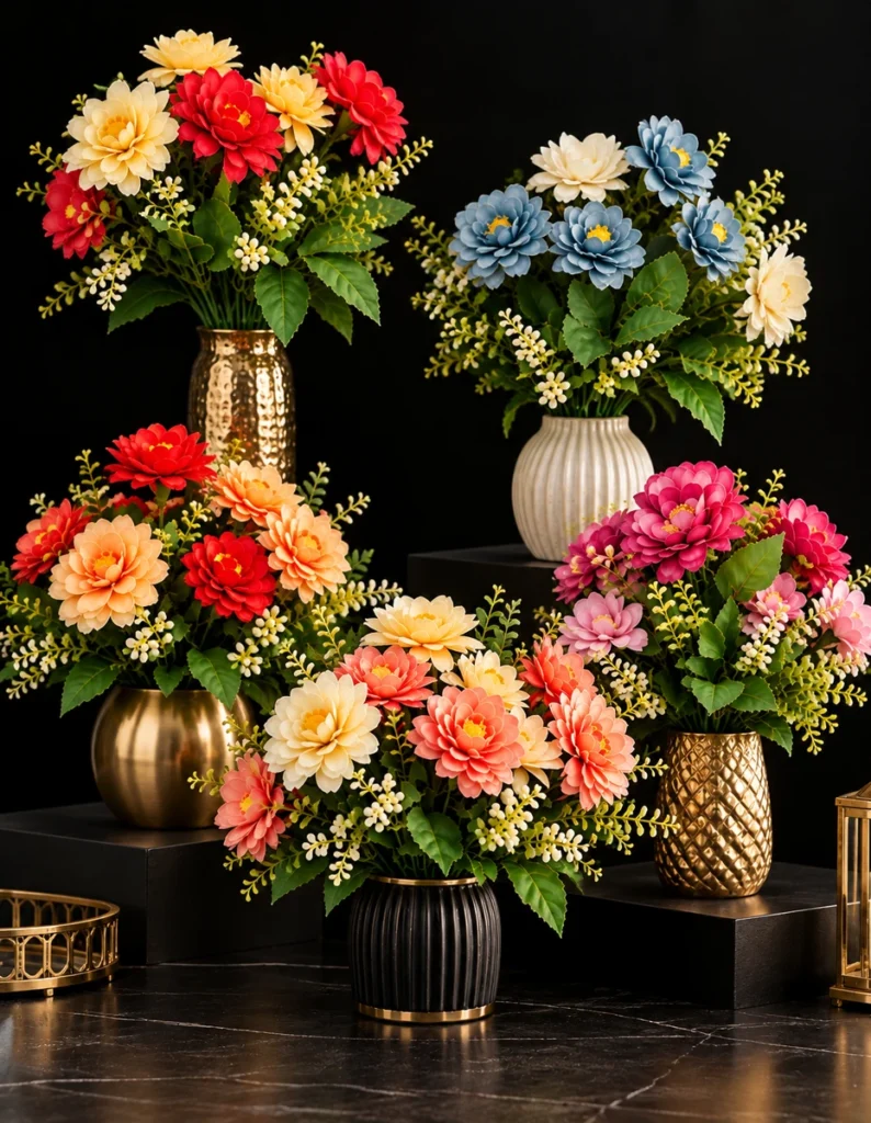 Colorful artificial flower bouquets in red, cream, coral, blue and pink displayed in decorative vases against a black background.