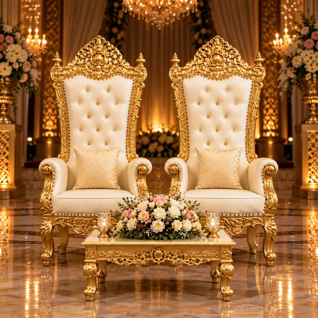Pair of luxury ivory wedding throne chairs with ornate gold carvings, tufted upholstery, and a floral centerpiece in an elegant wedding reception hall.