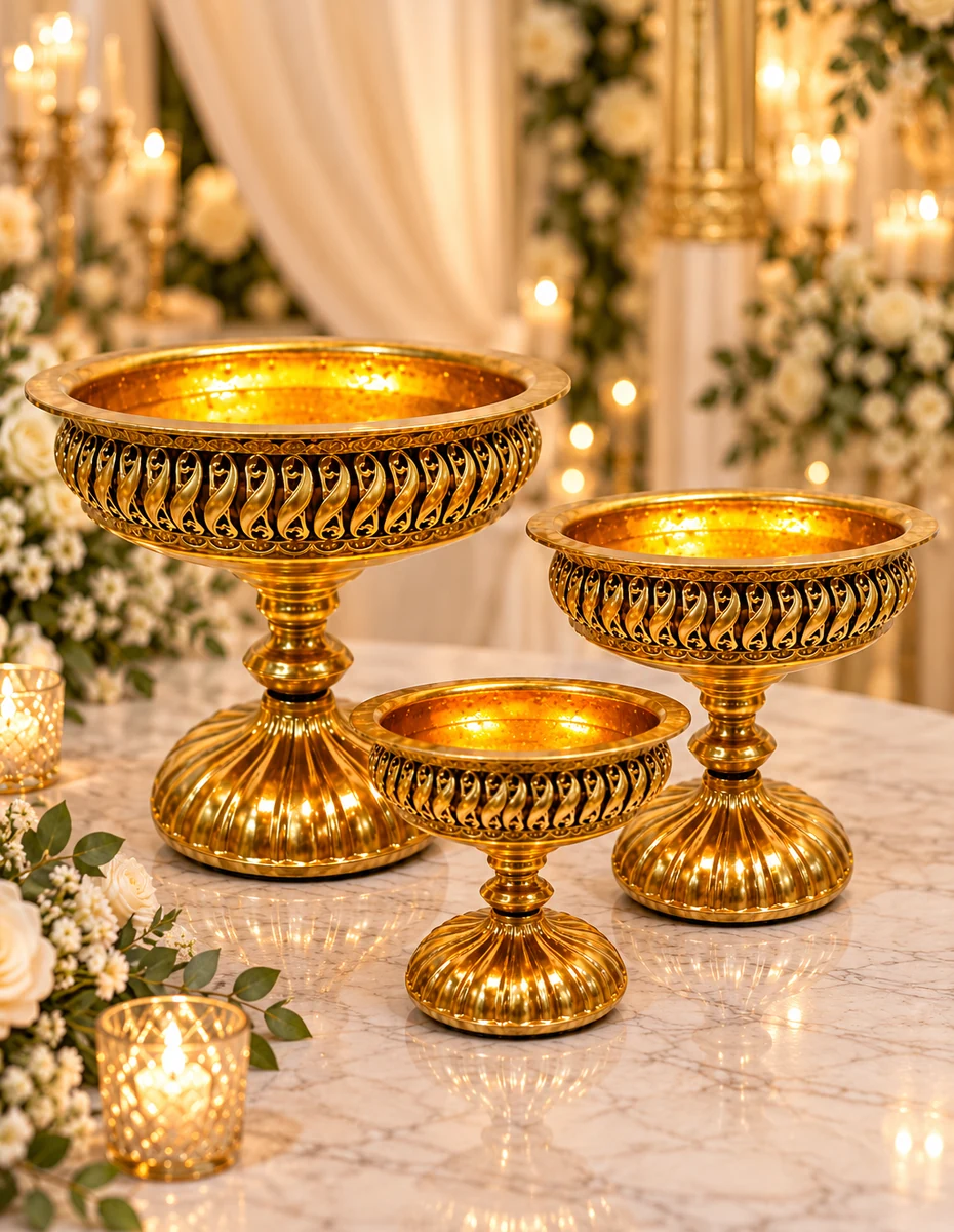 Gold decorative centerpieces and wedding décor props