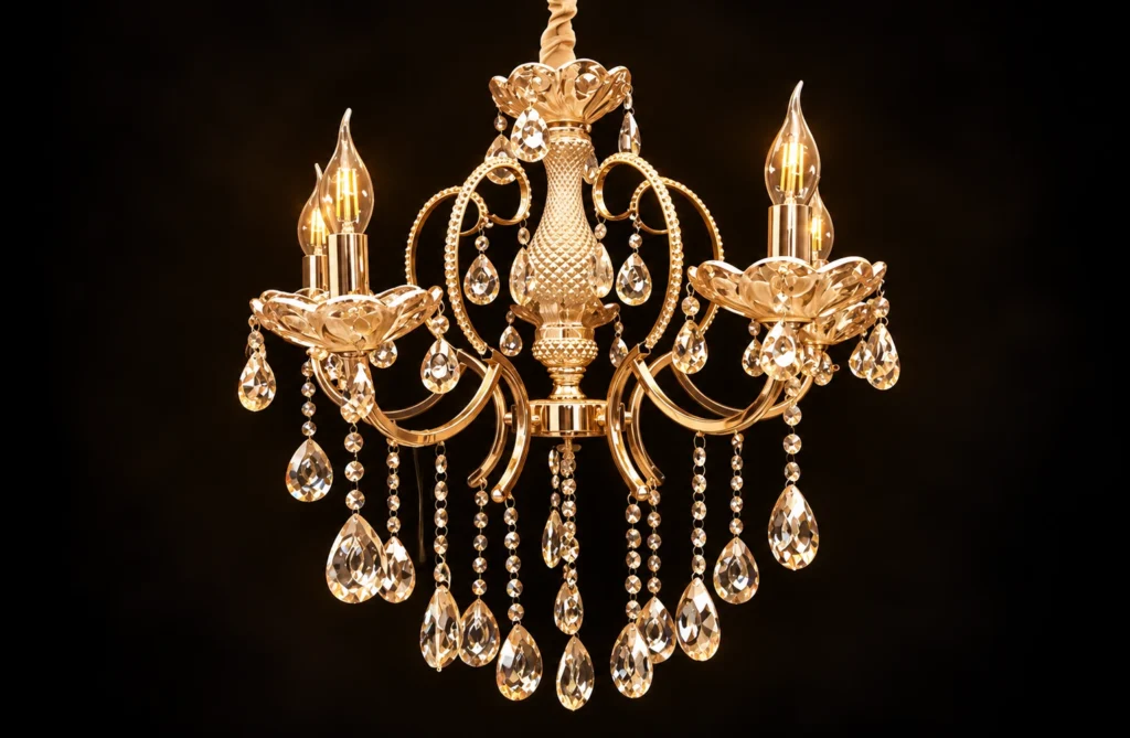 Ornate gold-finish 5-lamp crystal chandelier with curved metal arms, decorative crystal cups and hanging teardrop pendants for luxury Indian wedding mandap decoration.