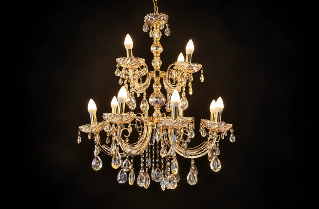 Code: MD - A7 Spec: Chandelier: 8 + 4 Lamps Material: Metal Gold Finish