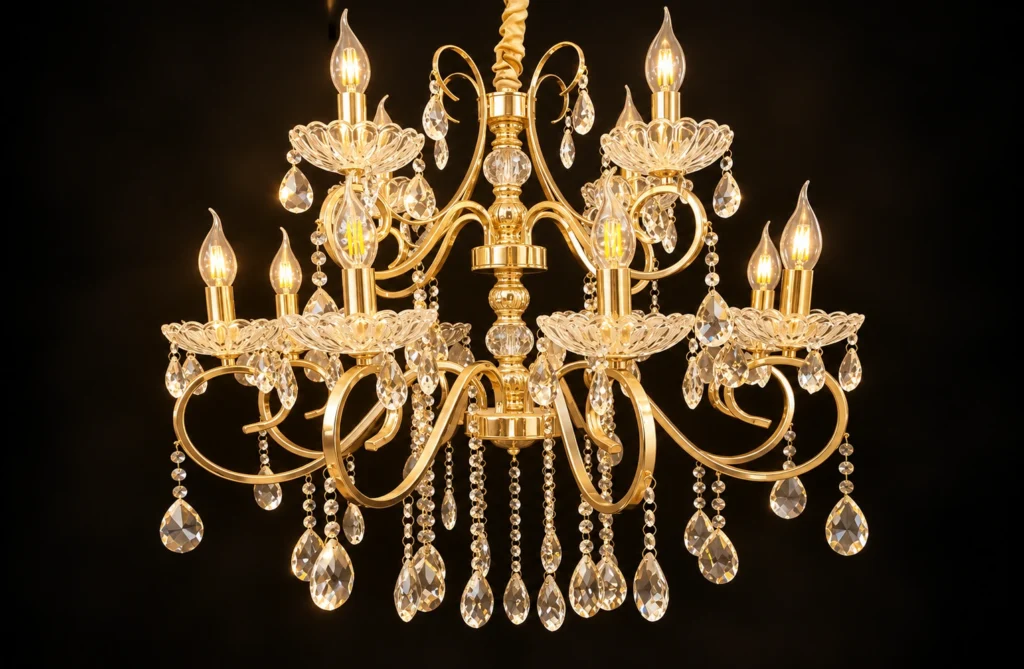 Gold-finish 8+4 lamp crystal chandelier with decorative scrollwork and hanging crystal drops for luxury Indian wedding mandap and venue decoration, supplied by Mahavir Enterprises Export.