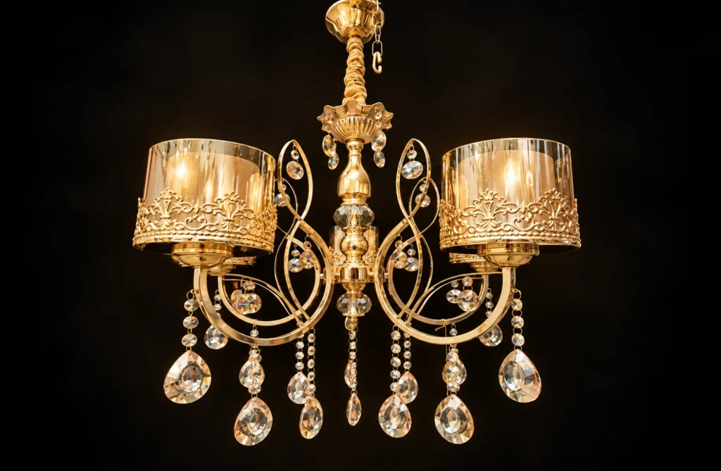Gold-finish 5-lamp chandelier with decorative cylindrical shades, crystal drops and ornate metal scrollwork for luxury Indian wedding mandap and venue decoration.