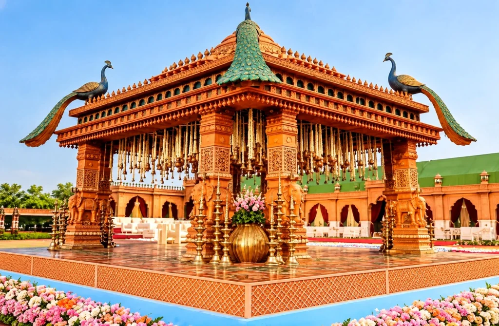 Traditional Indian wood mandap featuring intricate terracotta carvings, decorative peacock sculptures, carved pillars, hanging brass bells, elephant motifs, and floral arrangements by Mahavir Enterprises.