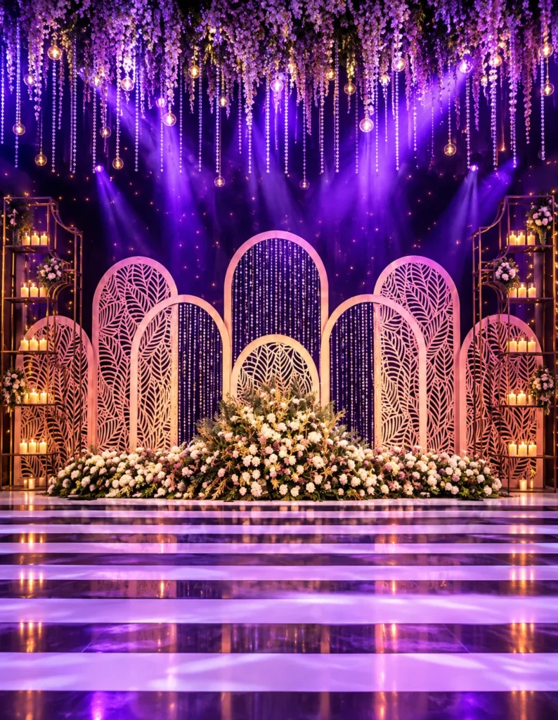 Luxury ivory wedding sofa with ornate gold carved wooden frame, elegant cushions, and a grand floral wedding stage background by Mahavir Enterprises Export.