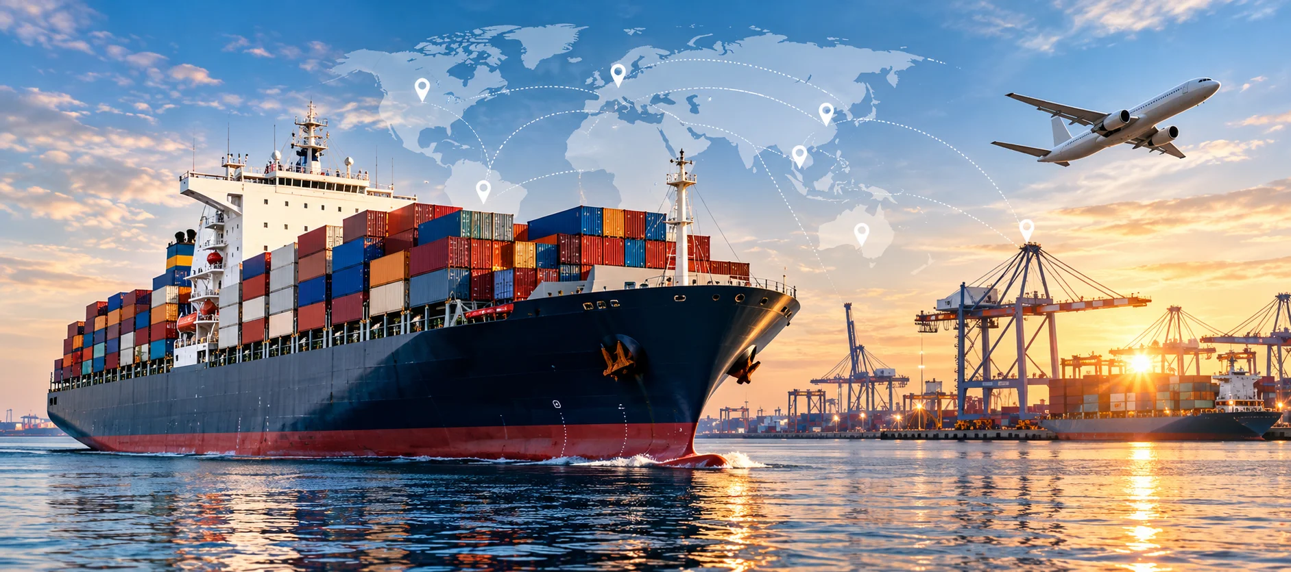 Container ship at an international cargo port representing export logistics